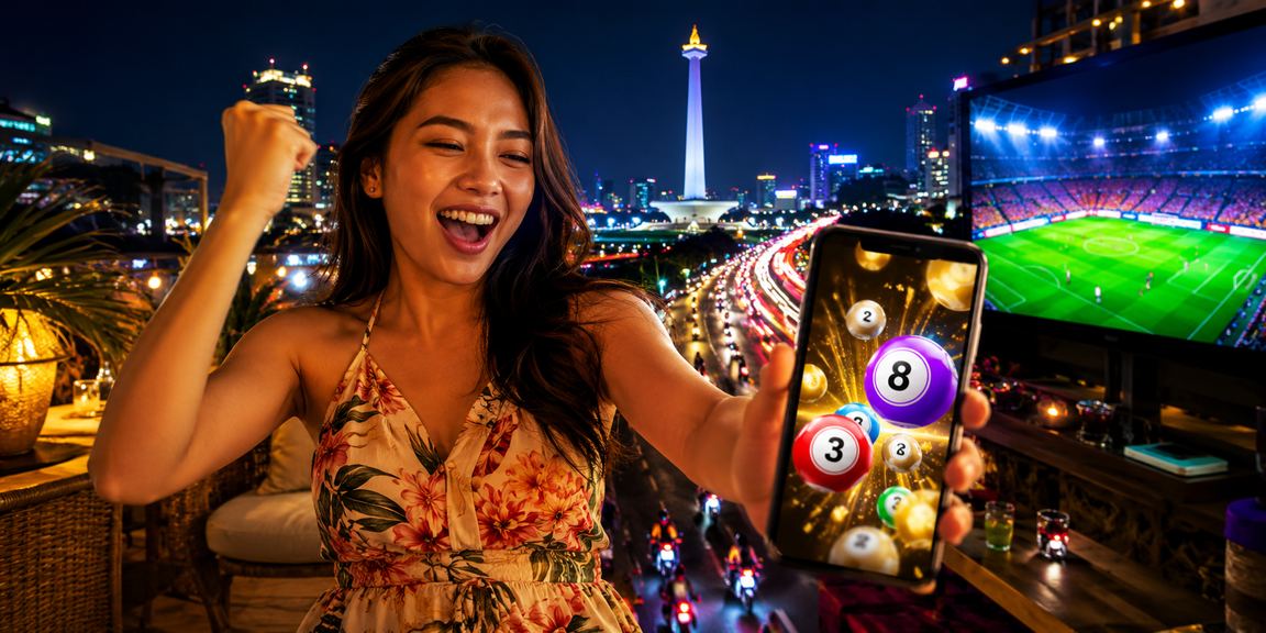 Tampilan casino mobile dengan latar cahaya neon berwarna-warni di malam hari