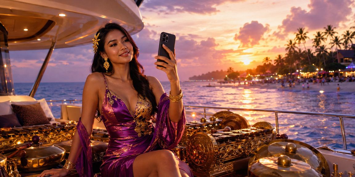 Pengguna mengakses platform casino dan riwayat transaksi dari ponsel di tepi pantai