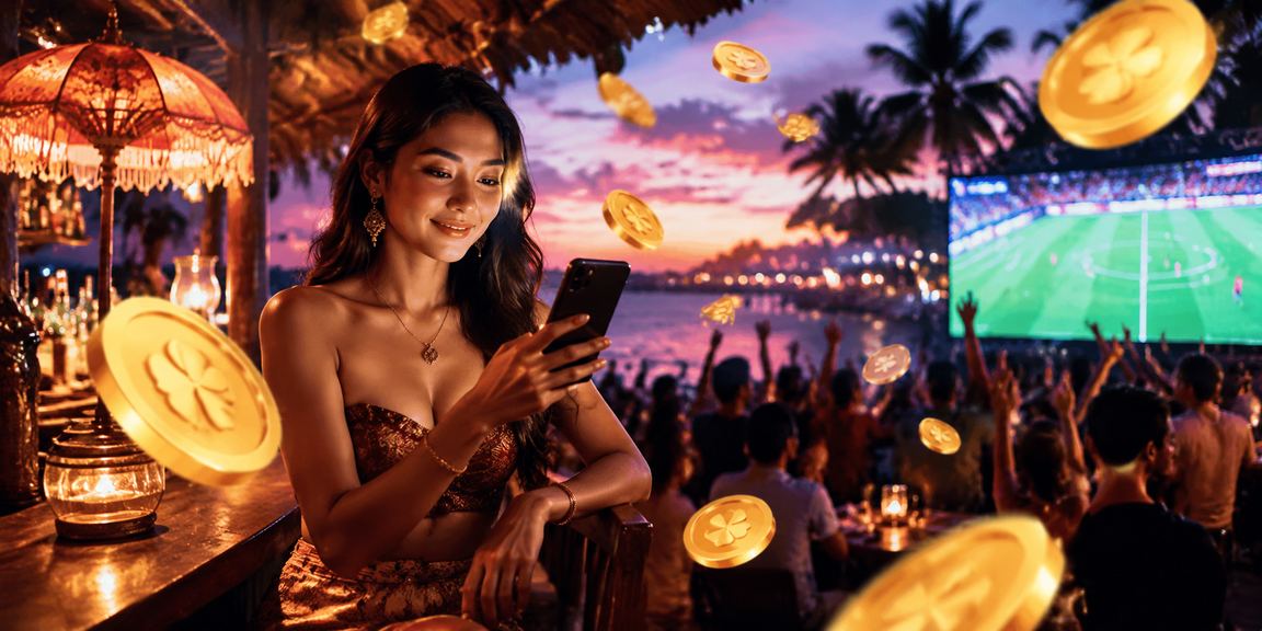 Pengguna memainkan casino di ponsel sambil bersantai di tepi pantai yang cerah