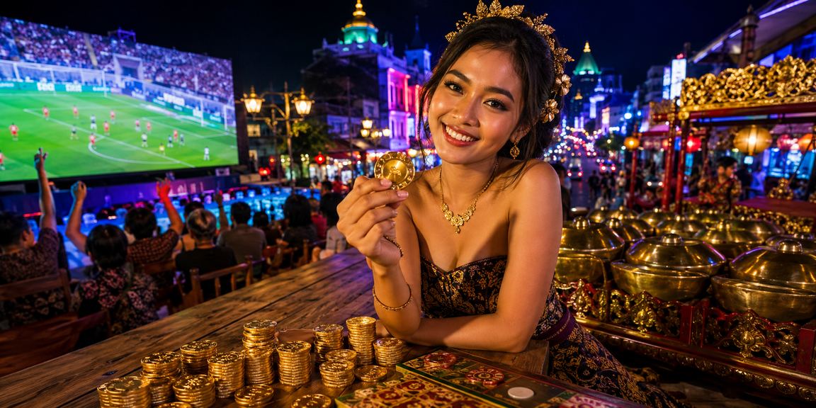 Suasana malam di pasar tradisional dengan permainan kartu yang ramai dan meriah