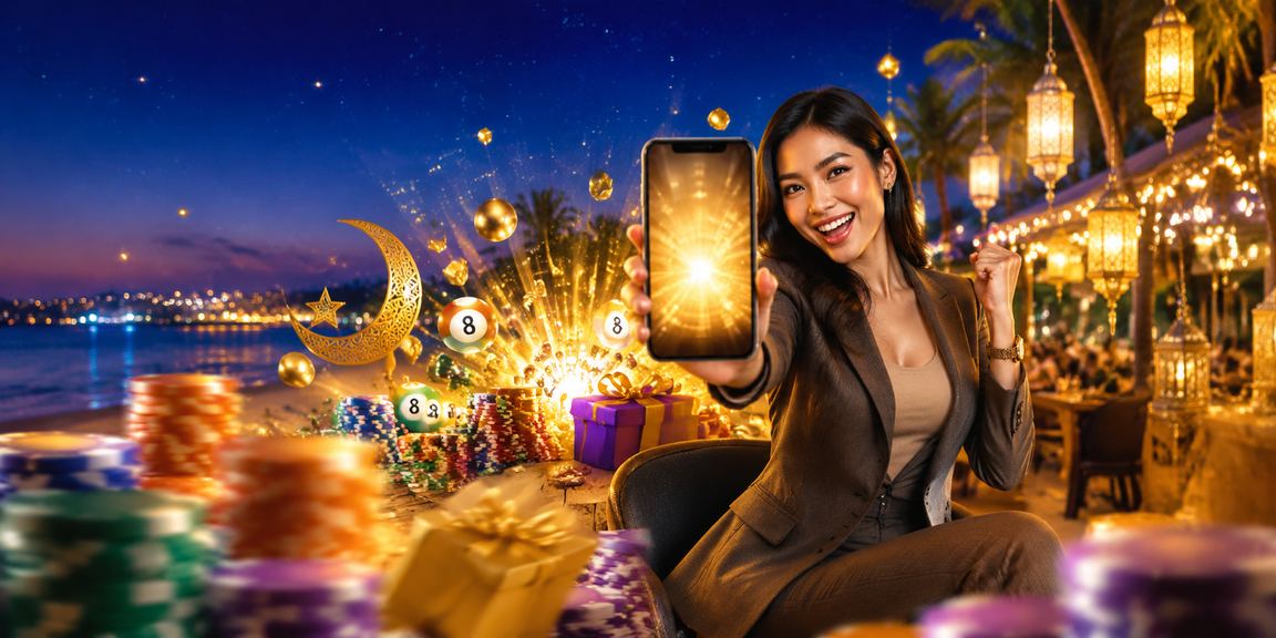 Suasana pantai dengan aktivitas lottery dan hiburan digital yang semarak di sore hari